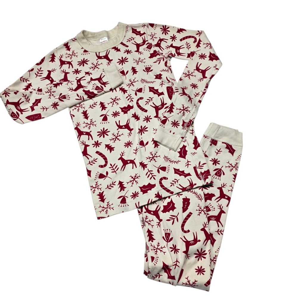 Hanna Andersson Pajamas Set Kids 14 White Red Reindeer Christmas Organic Cotton